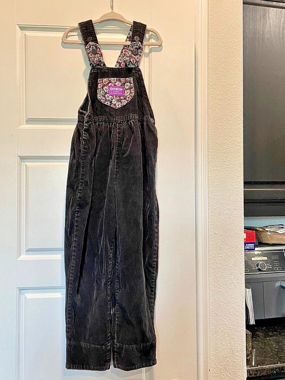 OshKosh B'gosh Vintage Floral Trim Corduroy Overalls Girls 5 Black